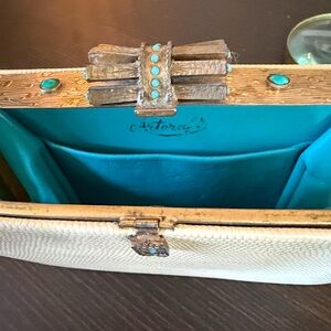 Vintage Cream Leather Clutch w/ Unique Frame